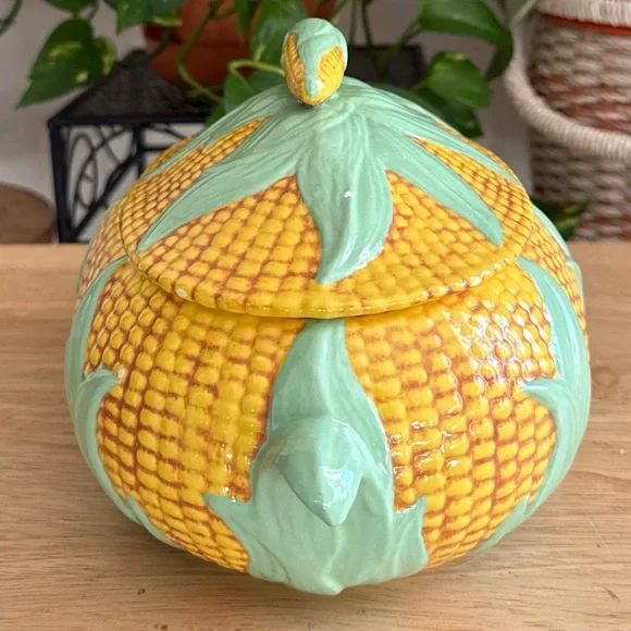 Vintage 1980 Corn Tureen Covered Ceramic Dish Majolica Style Vegetable Server - Picture 3 of 13